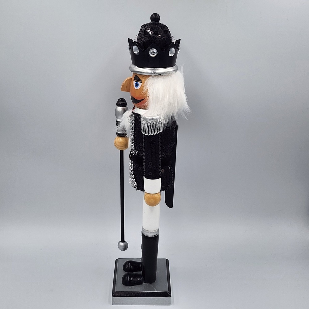 Black Silver King Guard Nutcracker Christmas Sequin Crown Wooden 15" Holiday - Picture 3 of 7